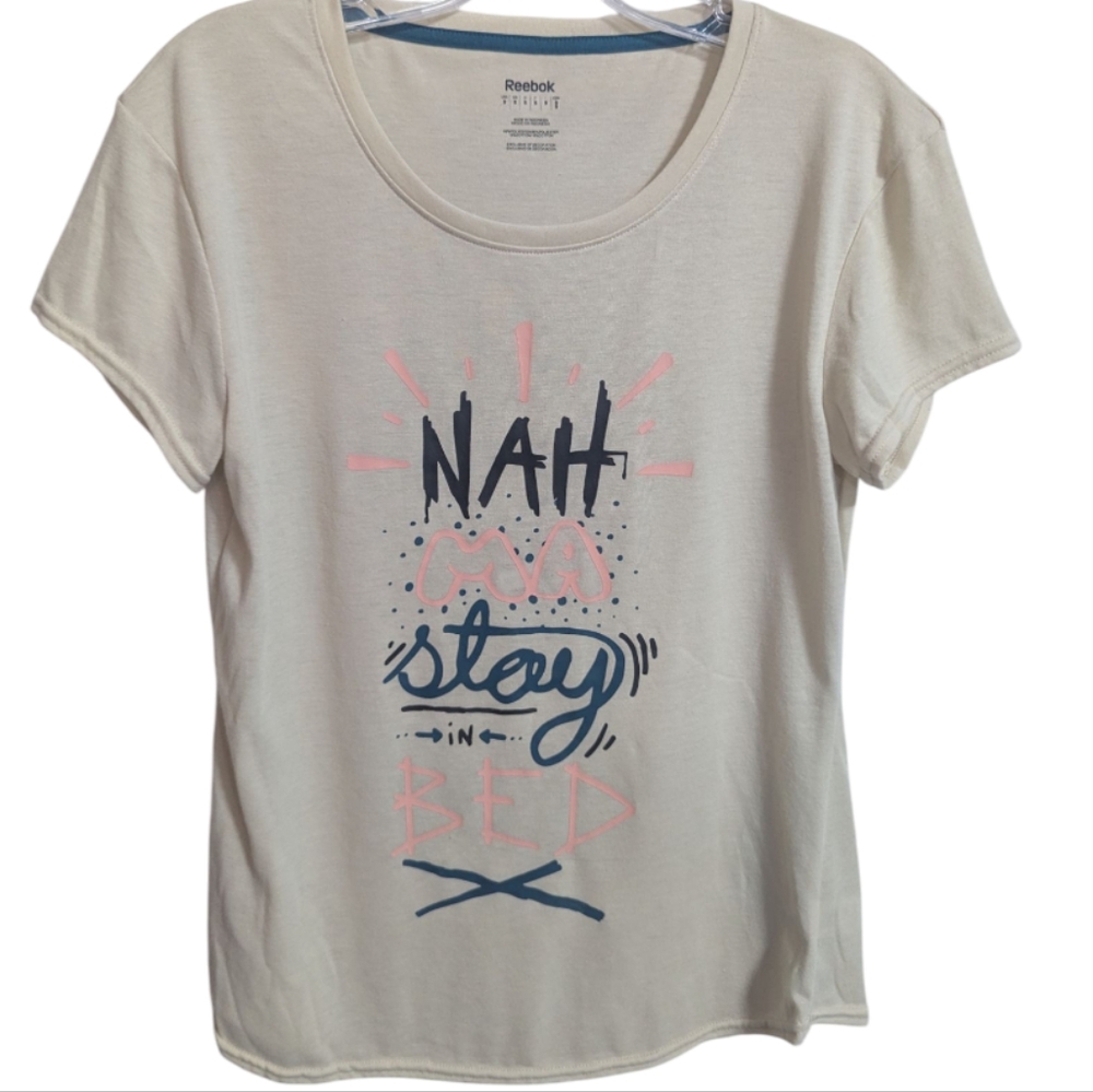 Reebok Women's Graphic Top Small Cream Nah Ma Stay In Bed NEW W-385